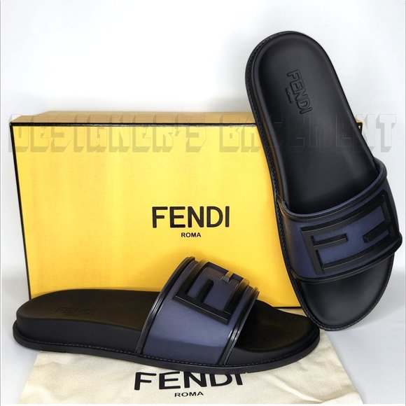 FENDI men 12 Black with transparent Navy FF BAGUETTE LOGO flip flop slides shoes - Picture 2 of 8